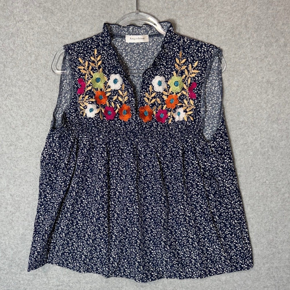 Angashion Blouse Womens Large Floral Embroidered Sleeveless Top Ruffle Neck